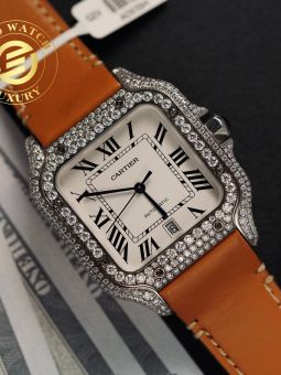 Đồng Hồ Cartier Santos 39.8mm Mặt Số Trắng Độ Full Vỏ Moissanite Hong Kong Rep 1:1