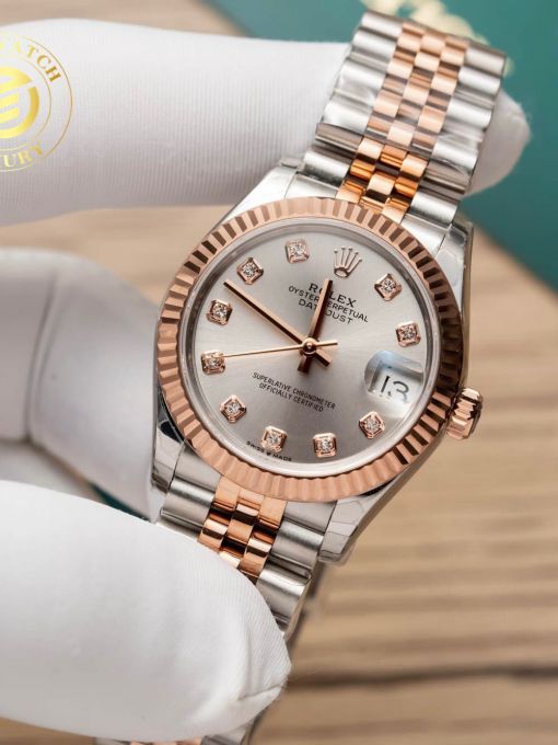 Đồng Hồ Rolex Datejust Nữ 31mm Demi Gold Mặt Số Xám Viền Băm Rep 1:1 