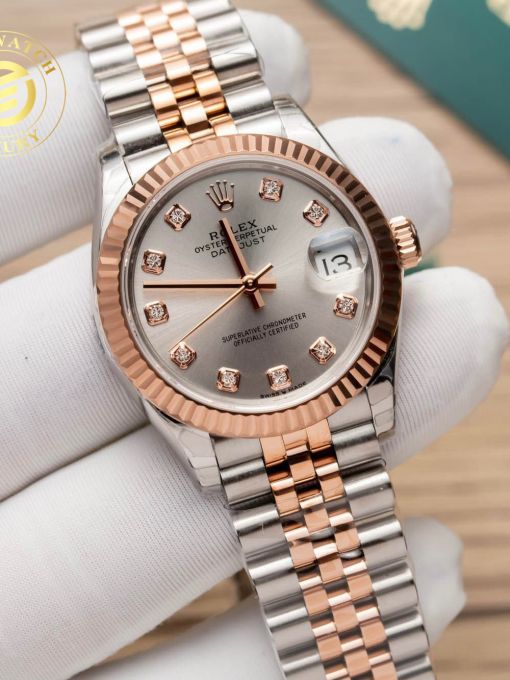 Đồng Hồ Rolex Datejust Nữ 31mm Demi Gold Mặt Số Xám Viền Băm Rep 1:1 