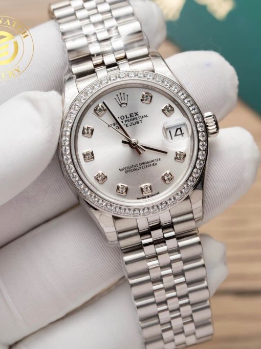 Đồng Hồ Rolex Datejust Nữ 31mm Mặt Số Trắng Viền Đá Rep 1:1