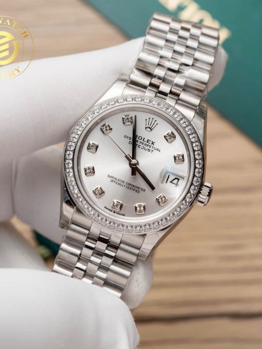 Đồng Hồ Rolex Datejust Nữ 31mm Mặt Số Trắng Viền Đá Rep 1:1