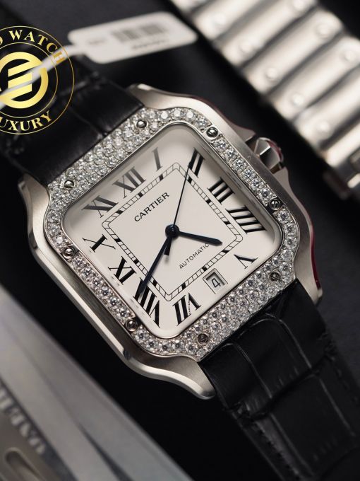 Đồng Hồ Cartier Santos 39.8mm Vỏ Trắng Độ Viền Moissanite Hong Kong Rep 1:1