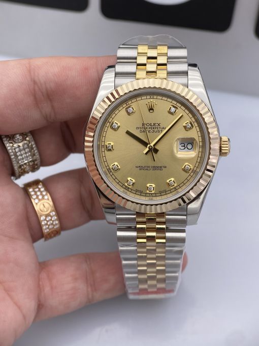 Đồng Hồ Rolex Datejust Domi Gold Dial  41mm NOOB Bọc Vàng Thật  Replica 1:1 Caliber 3235 Thụy Sĩ 