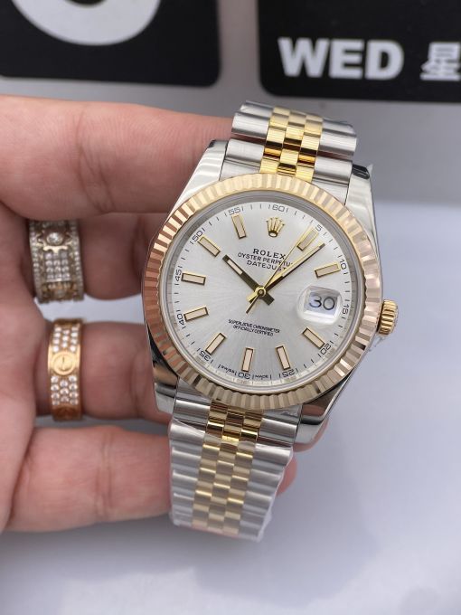 Đồng Hồ Rolex Datejust Domi Gold Dial white  41mm NOOB Bọc Vàng Thật  Replica 1:1 Caliber 3235 Thụy Sĩ 