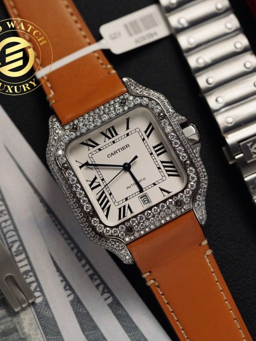 Đồng Hồ Cartier Santos 39.8mm Mặt Số Trắng Độ Full Vỏ Moissanite Hong Kong Rep 1:1