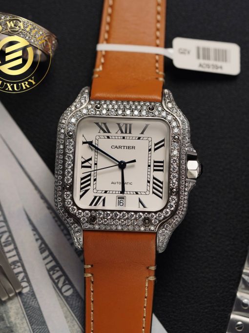 Đồng Hồ Cartier Santos 39.8mm Mặt Số Trắng Độ Full Vỏ Moissanite Hong Kong Rep 1:1