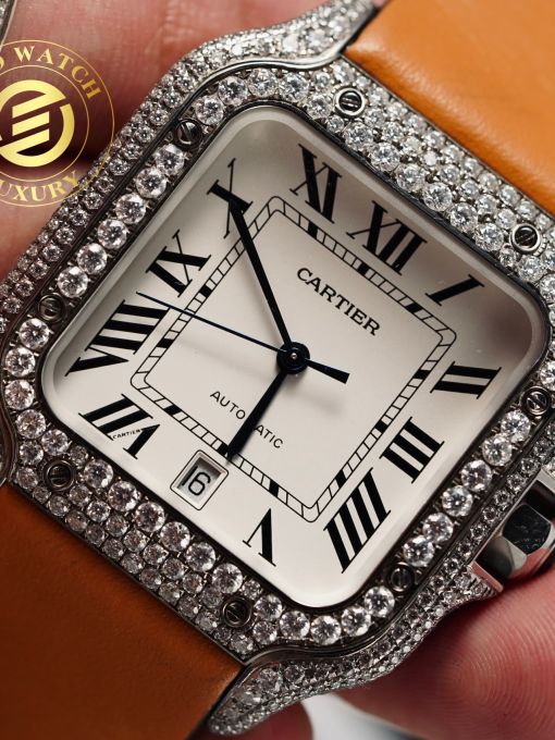 Đồng Hồ Cartier Santos 39.8mm Mặt Số Trắng Độ Full Vỏ Moissanite Hong Kong Rep 1:1