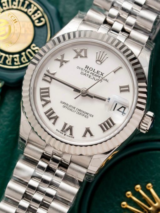 Đồng hồ Rolex Datejust Nữ 31mm Mặt Số Trắng Cọc Số La Mã Viền Băm Rep 1:1