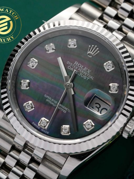 Đồng Hồ: Rolex Datejust 126334 Vỏ Trắng Độ Mặt Số Xà Cừ Đen Gắn Cọc Số Kim Cương Tự Nhiên Rep 1:1