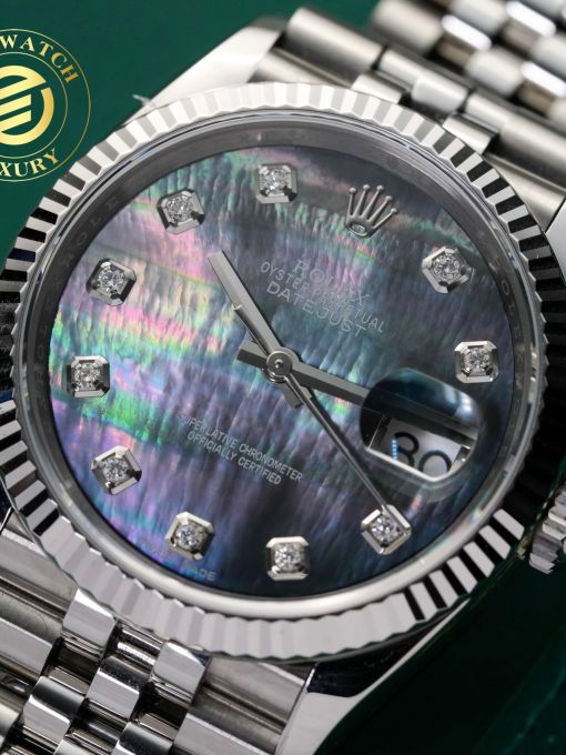 Đồng Hồ: Rolex Datejust 126334 Vỏ Trắng Độ Mặt Số Xà Cừ Đen Gắn Cọc Số Kim Cương Tự Nhiên Rep 1:1