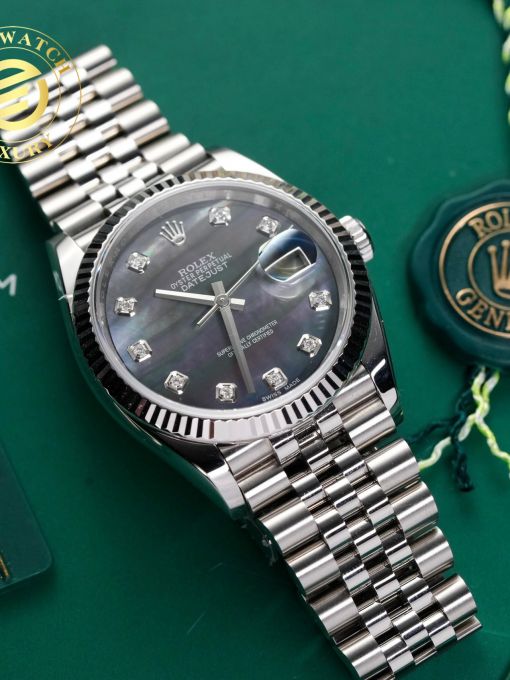 Đồng Hồ: Rolex Datejust 126334 Vỏ Trắng Độ Mặt Số Xà Cừ Đen Gắn Cọc Số Kim Cương Tự Nhiên Rep 1:1