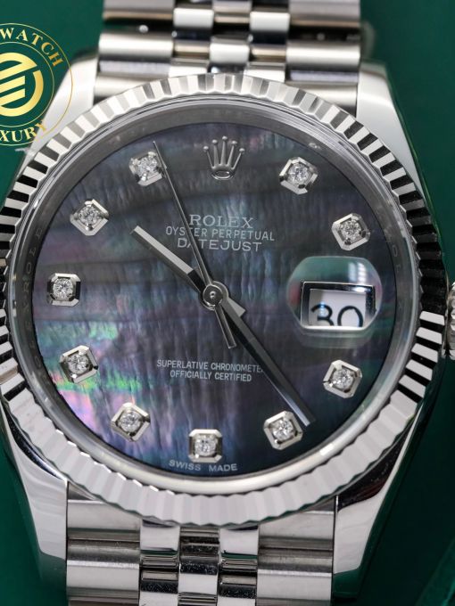 Đồng Hồ: Rolex Datejust 126334 Vỏ Trắng Độ Mặt Số Xà Cừ Đen Gắn Cọc Số Kim Cương Tự Nhiên Rep 1:1