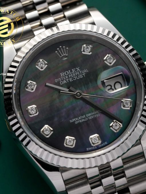 Đồng Hồ: Rolex Datejust 126334 Vỏ Trắng Độ Mặt Số Xà Cừ Đen Gắn Cọc Số Kim Cương Tự Nhiên Rep 1:1