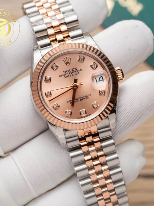 Đồng Hồ Rolex Datejust Nữ 31mm Demi Gold Mặt Số Hồng Viền Băm Rep 1:1 