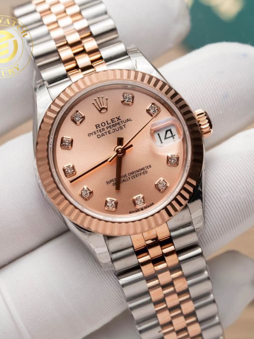 Đồng Hồ Rolex Datejust Nữ 31mm Demi Gold Mặt Số Hồng Viền Băm Rep 1:1 