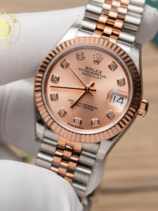 Đồng Hồ Rolex Datejust Nữ 31mm Demi Gold Mặt Số Hồng Viền Băm Rep 1:1 