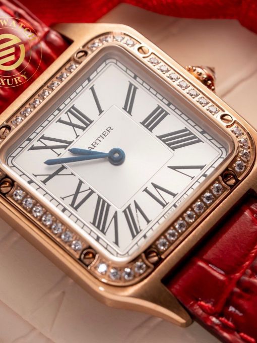 Đồng Hồ Cartier Santos 35mm Mặt Trắng Vỏ Mạ Vàng Hồng Đính Đá Rep 1:1