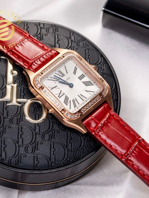 Đồng Hồ Cartier Santos 35mm Mặt Trắng Vỏ Mạ Vàng Hồng Đính Đá Rep 1:1