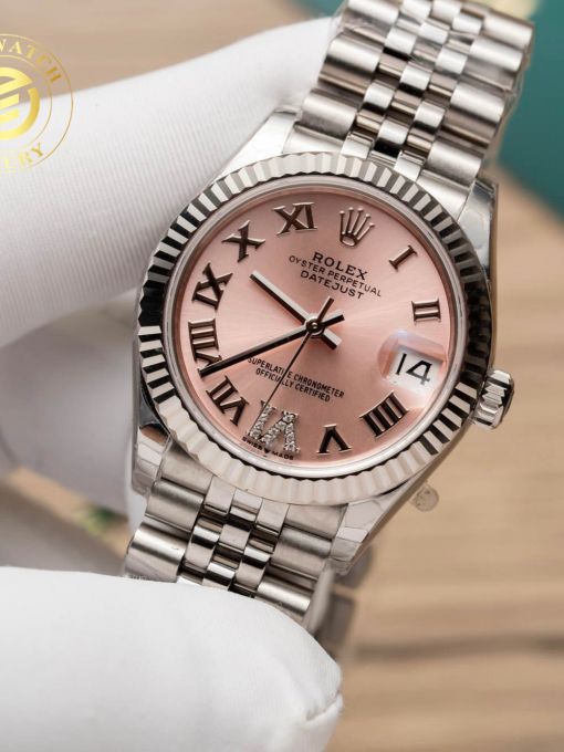 Đồng hồ Rolex Datejust Nữ 31mm Mặt Số Hồng Cọc Số La Mã Viền Băm Rep 1:1