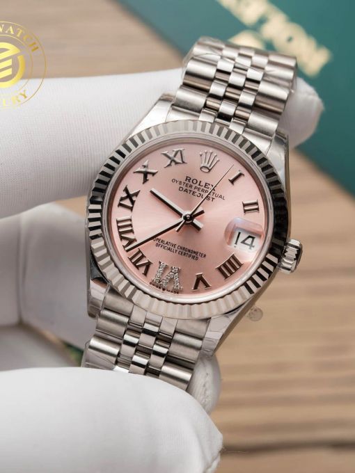 Đồng hồ Rolex Datejust Nữ 31mm Mặt Số Hồng Cọc Số La Mã Viền Băm Rep 1:1