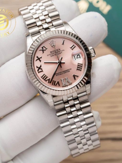 Đồng hồ Rolex Datejust Nữ 31mm Mặt Số Hồng Cọc Số La Mã Viền Băm Rep 1:1