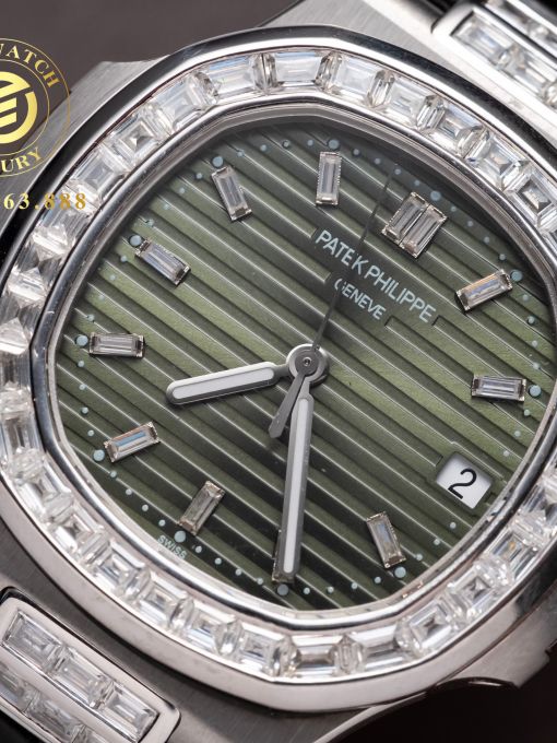 Đồng Hồ: Patek Philippe Nautilus 5711 40MM Mặt Xanh Oliu Đính Kim Cương Moissanite Baguette Hongkong