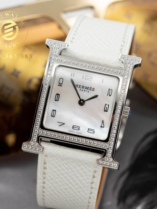 Đồng Hồ: Hermes Heure H Ladies 26x26MM Mặt Khảm Trai Viền Đá CZ Dây Da Trắng Máy Pin Rep 1:1