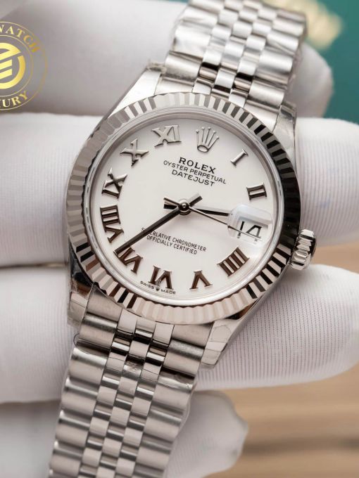 Đồng hồ Rolex Datejust Nữ 31mm Mặt Số Trắng Cọc Số La Mã Viền Băm Rep 1:1