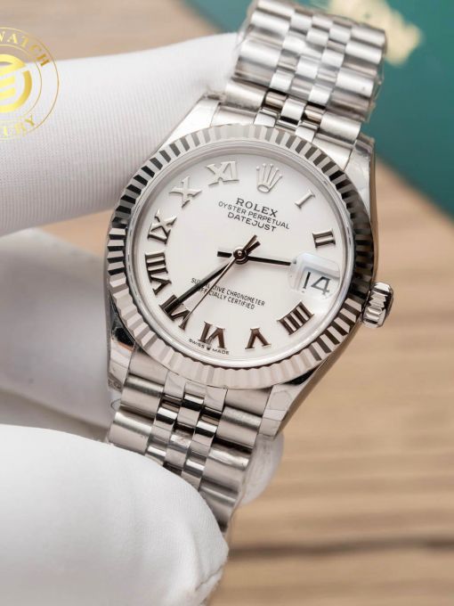 Đồng hồ Rolex Datejust Nữ 31mm Mặt Số Trắng Cọc Số La Mã Viền Băm Rep 1:1