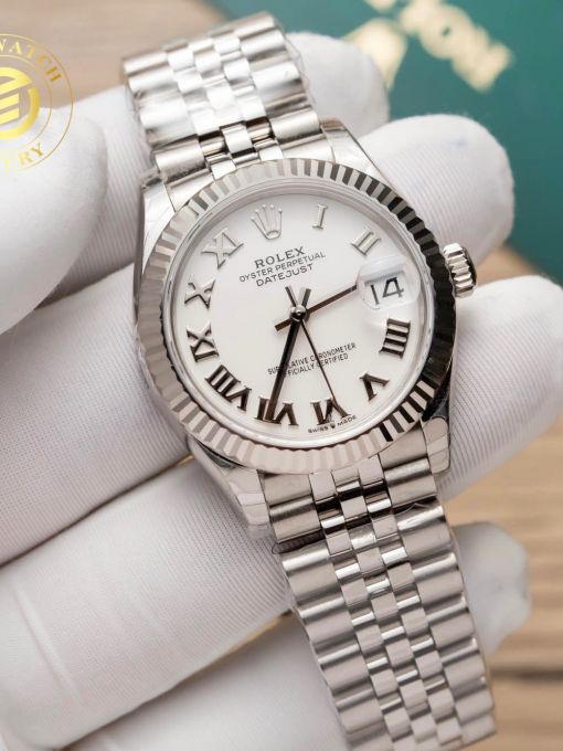 Đồng hồ Rolex Datejust Nữ 31mm Mặt Số Trắng Cọc Số La Mã Viền Băm Rep 1:1