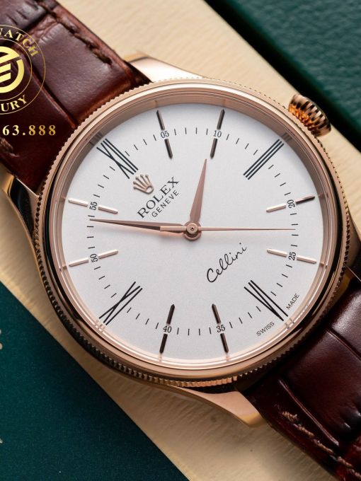 Đồng Hồ: Rolex Cellini 39mm Mặt Trắng Vỏ Mạ Vàng Hồng Rep 1:1