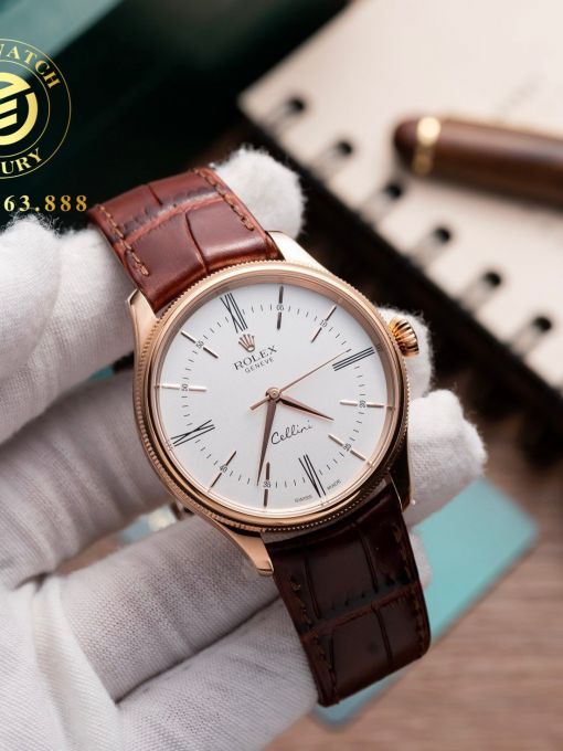 Đồng Hồ: Rolex Cellini 39mm Mặt Trắng Vỏ Mạ Vàng Hồng Rep 1:1