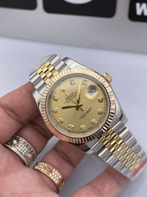 Đồng Hồ Rolex Datejust Domi Gold Dial  41mm NOOB Bọc Vàng Thật  Replica 1:1 Caliber 3235 Thụy Sĩ 