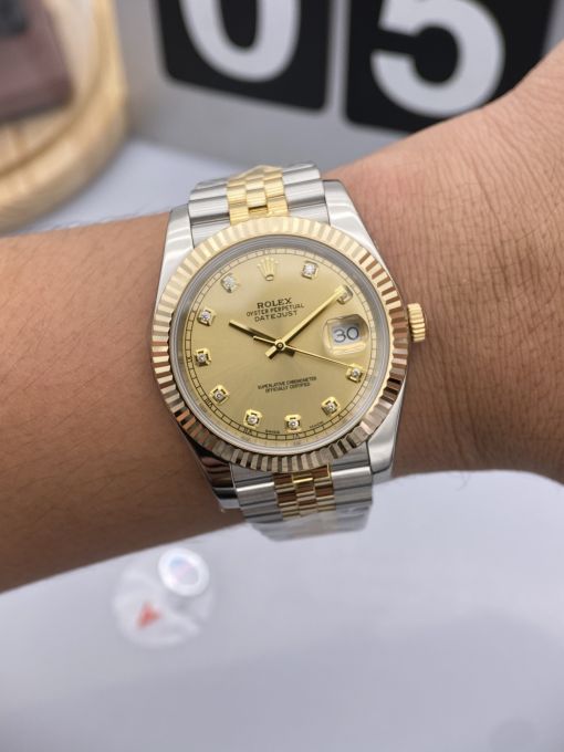 Đồng Hồ Rolex Datejust Domi Gold Dial  41mm NOOB Bọc Vàng Thật  Replica 1:1 Caliber 3235 Thụy Sĩ 