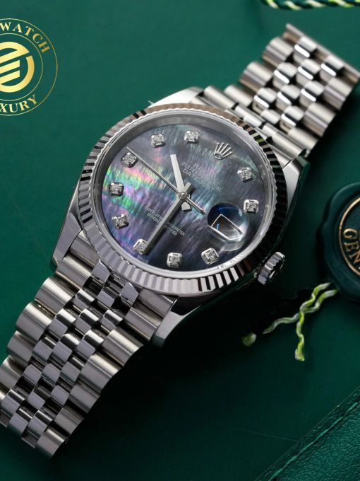 Đồng Hồ: Rolex Datejust 126334 Vỏ Trắng Độ Mặt Số Xà Cừ Đen Gắn Cọc Số Kim Cương Tự Nhiên Rep 1:1