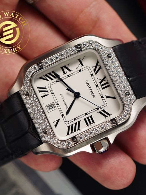 Đồng Hồ Cartier Santos 39.8mm Vỏ Trắng Độ Viền Moissanite Hong Kong Rep 1:1