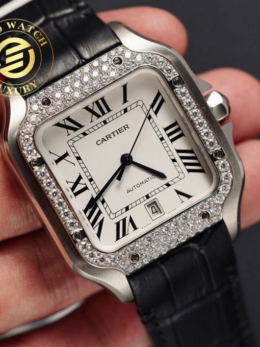 Đồng Hồ Cartier Santos 39.8mm Vỏ Trắng Độ Viền Moissanite Hong Kong Rep 1:1