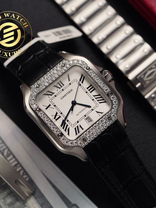 Đồng Hồ Cartier Santos 39.8mm Vỏ Trắng Độ Viền Moissanite Hong Kong Rep 1:1