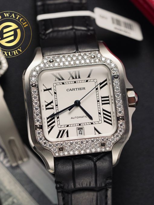 Đồng Hồ Cartier Santos 39.8mm Vỏ Trắng Độ Viền Moissanite Hong Kong Rep 1:1