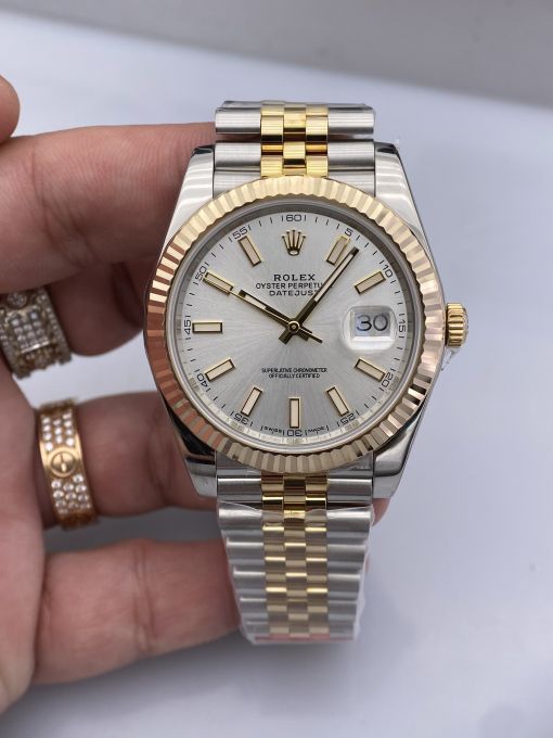 Đồng Hồ Rolex Datejust Domi Gold Dial white  41mm NOOB Bọc Vàng Thật  Replica 1:1 Caliber 3235 Thụy Sĩ 