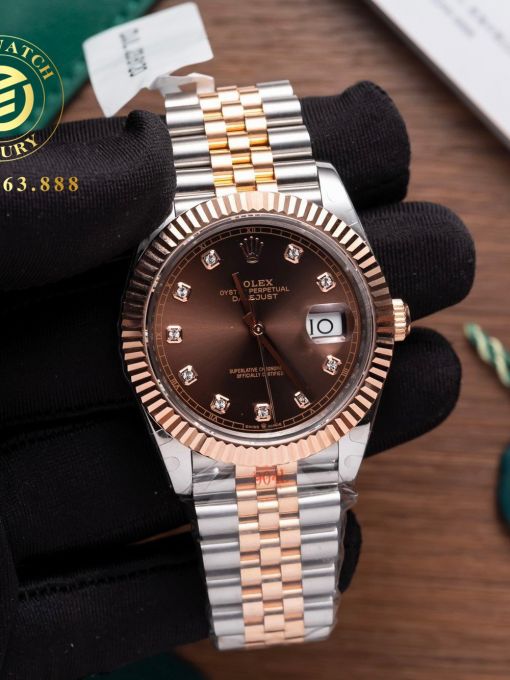 Đồng Hồ: Rolex Datejust 41mm 126331 Bọc Vàng Chocolate Cọc Số Đá Rep 1:1