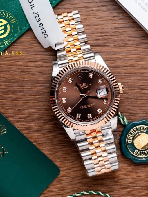 Đồng Hồ: Rolex Datejust 41mm 126331 Bọc Vàng Chocolate Cọc Số Đá Rep 1:1