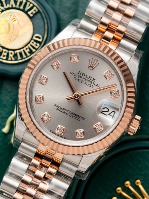 Đồng Hồ Rolex Datejust Nữ 31mm Demi Gold Mặt Số Xám Viền Băm Rep 1:1 